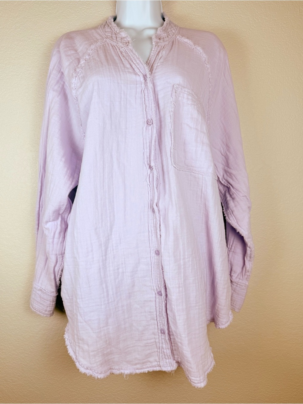 AERIE Lavender Gauze Frayed-Edge Shirt